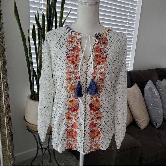 NWT Bohme Spanish Embroidered White Top Tassels Gold Beading M - Picture 5 of 9